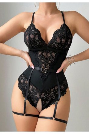 Kadın Siyah Dantel Jartiyerli Bodysuit Gecelik - Kemer Detaylı