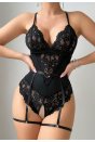 Kadın Siyah Dantel Jartiyerli Bodysuit Gecelik - Kemer Detaylı