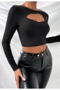 Kadın Siyah Göğüs Dekolteli Çapraz Askılı Uzun Kollu Crop Top Bluz