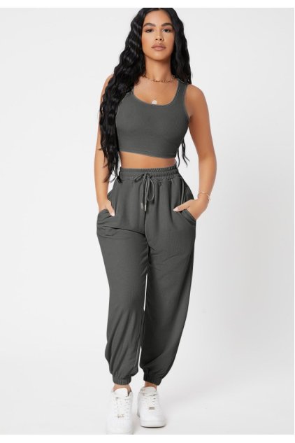 Kadın Antrasit Gri Kaşkorse Cepli Jogger Eşofman Altı ve Crop Top Bluz