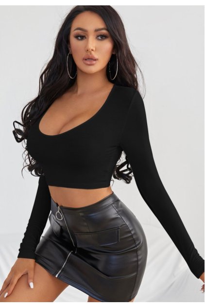 Kadın Siyah Uzun Kol Kare Yaka Crop Top Bluz