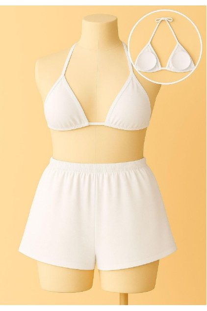 Kadın Beyaz Şortlu Belden ve Boyundan Bağlamalı Bikini Takımı