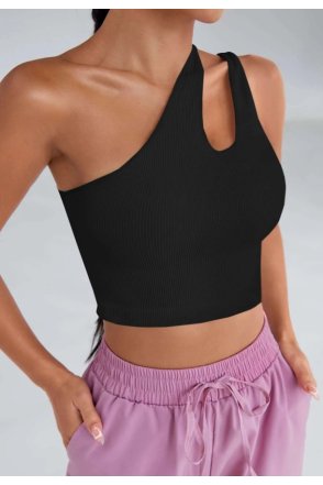 Kadın Siyah Tek Omuz Cut Out Detaylı Crop Top Bluz