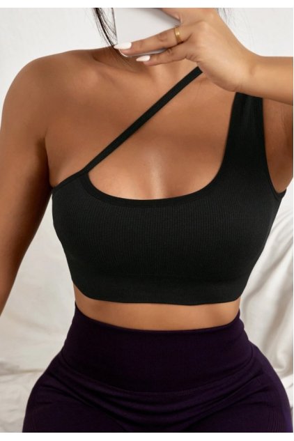 Kadın Siyah Tek Omuzlu Çapraz Askılı Crop Top Büstiyer
