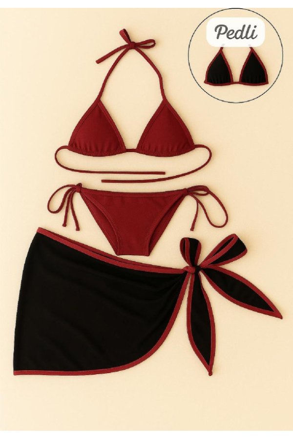 Kadın Bordo Siyah Pareolu Yandan ve Boyundan Bağlamalı 3'lü Bikini Takımı