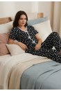 Kadın Siyah Kalp Desenli Fiyonklu Kısa Kollu Uzun Pijama Takımı