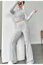 Kadın Gri Çizgili Boğazlı Crop Top ve Yüksek Bel Pantolon Takım