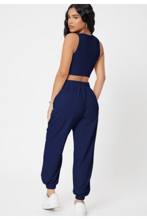 Kadın Lacivert Kaşkorse Cepli Jogger Eşofman Altı ve Crop Top Bluz
