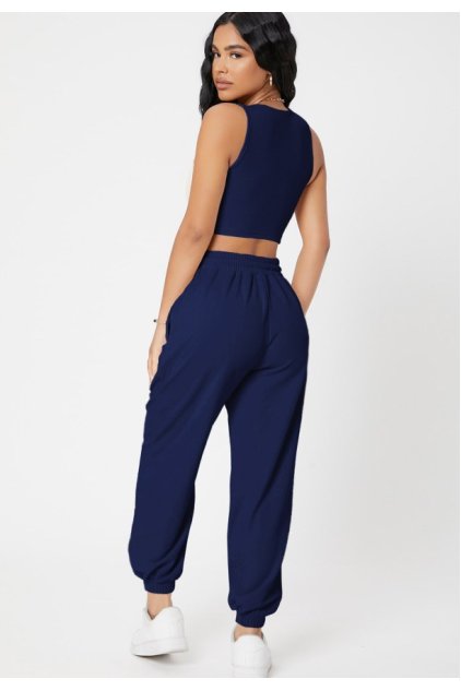 Kadın Lacivert Kaşkorse Cepli Jogger Eşofman Altı ve Crop Top Bluz
