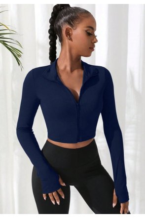 Kadın Lacivert Uzun Kol Fermuarlı Parmak Geçme Detaylı Dik Yaka Crop Top Bluz
