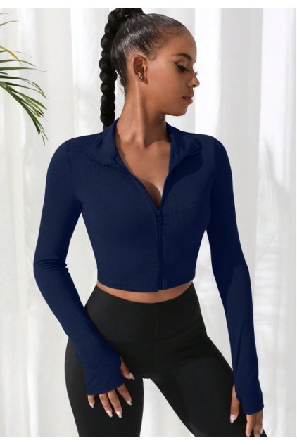 Kadın Lacivert Uzun Kol Fermuarlı Parmak Geçme Detaylı Dik Yaka Crop Top Bluz