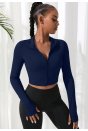 Kadın Lacivert Uzun Kol Fermuarlı Parmak Geçme Detaylı Dik Yaka Crop Top Bluz