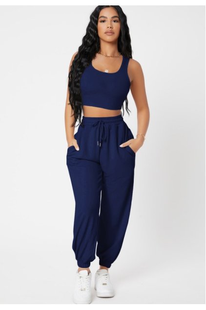 Kadın Lacivert Kaşkorse Cepli Jogger Eşofman Altı ve Crop Top Bluz
