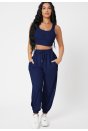 Kadın Lacivert Kaşkorse Cepli Jogger Eşofman Altı ve Crop Top Bluz