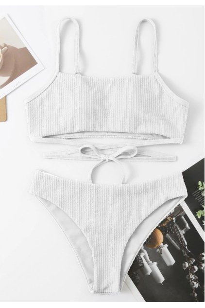 Kadın Beyaz Çapraz Bağlama Detaylı Yüksek Bel Bikini Takımı
