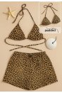 Kadın Leopar Desenli Şortlu Belden ve Boyundan Bağlamalı Bikini Takımı