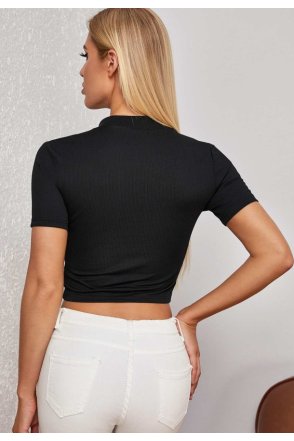 Kadın Siyah Yarım Fermuarlı ve Kısa Kollu Crop Top Bluz