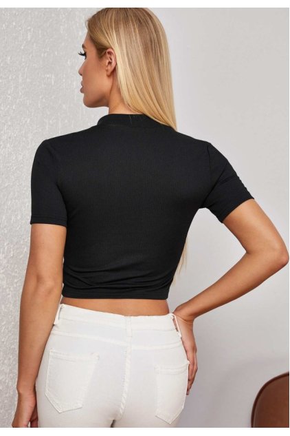 Kadın Siyah Yarım Fermuarlı ve Kısa Kollu Crop Top Bluz