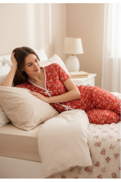 Kadın Turuncu Kalp Desenli Fiyonklu Kısa Kollu Uzun Pijama Takımı