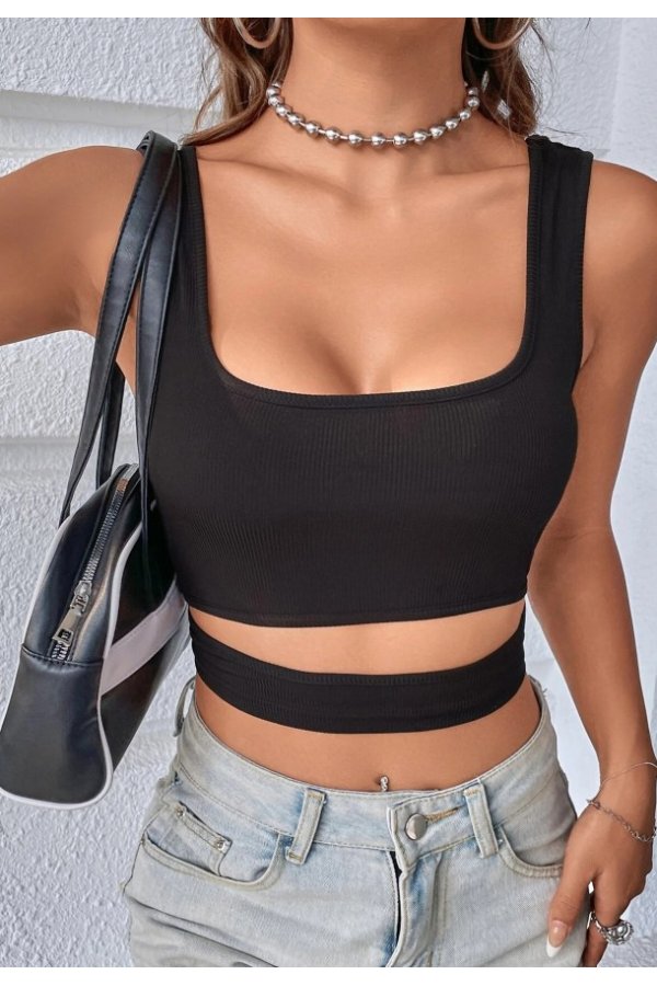 Kadın Siyah Göbek Dekolteli Crop Top Bluz