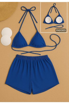 Kadın Mavi Şortlu Belden ve Boyundan Bağlamalı Bikini Takımı