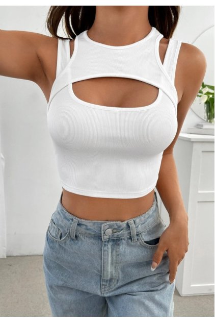 Kadın Beyaz Kalın Askılı Cut Out Dekolteli Crop Top Bluz