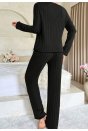 Kadın Siyah Uzun Kollu Fiyonklu Yuvarlak Yaka Mevsimlik Pijama Takımı