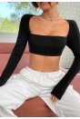 Kadın Siyah Uzun Kol Göğüs ve Sırt Dekolteli Crop Top Bluz