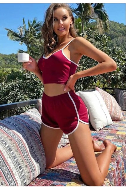 Kadın Bordo Askılı Crop Top ve Şortlu Gecelik Takım