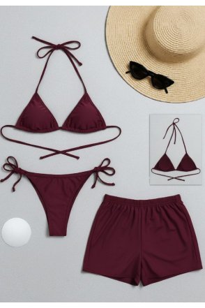Kadın 3'lü Set Bordo Şortlu ve Yandan Bağlamalı Bikini Mayo Takımı