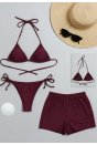 Kadın 3'lü Set Bordo Şortlu ve Yandan Bağlamalı Bikini Mayo Takımı