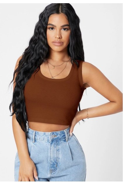 Kadın Kahverengi Kare Yaka Crop Top Bluz