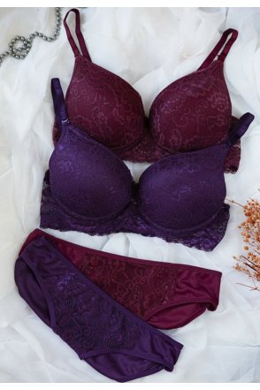 Kadın Bordo Ve Mor Dolgulu Balenli Sütyen Külot 2'li Paket