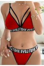 Kadın Kırmızı Love Yazı Detaylı Harness İç Çamaşır Takımı