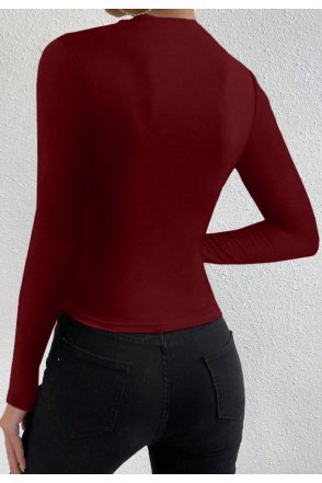 Kadın Bordo Belden ve Boyundan Büzgü Detaylı Uzun Kollu Bluz