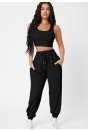 Kadın Siyah Kaşkorse Cepli Jogger Eşofman Altı ve Crop Top Bluz