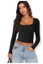 Kadın Siyah Kare Yaka Dantelli Uzun Kollu Crop Top Bluz
