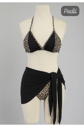 Kadın Siyah ve Leopar Desenli Pareolu 3'lü Bikini Takımı