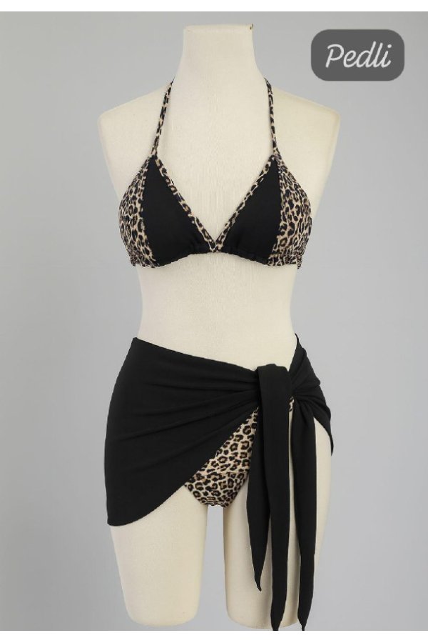 Kadın Siyah ve Leopar Desenli Pareolu 3'lü Bikini Takımı
