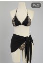 Kadın Siyah ve Leopar Desenli Pareolu 3'lü Bikini Takımı