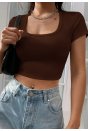Kadın Kahverengi Yarım Kol Düz Yaka Crop Top Bluz