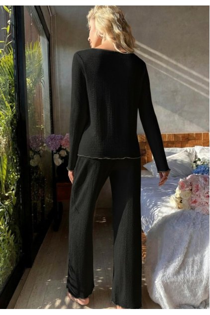 Premium Kadın Fitilli Pijama Takımı – Siyah Gold Biye Detaylı, Yumuşak Dokulu Ev Şıklığı