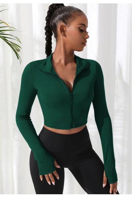 Kadın Yeşil Uzun Kol Fermuarlı Parmak Geçme Detaylı Dik Yaka Crop Top Bluz