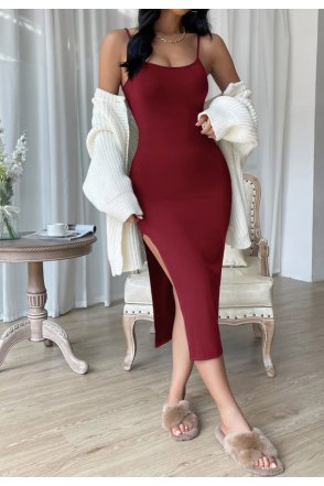 Kadın Bordo Yırtmaçlı Diz Altı Vücüdu Saran Gecelik