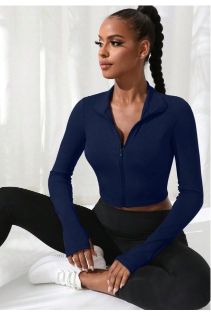 Kadın Lacivert Uzun Kol Fermuarlı Parmak Geçme Detaylı Dik Yaka Crop Top Bluz