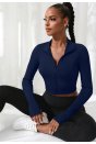 Kadın Lacivert Uzun Kol Fermuarlı Parmak Geçme Detaylı Dik Yaka Crop Top Bluz