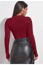 Kadın Bordo Göğüs Dekolteli Uzun Kollu Cut Out Crop Top Bluz