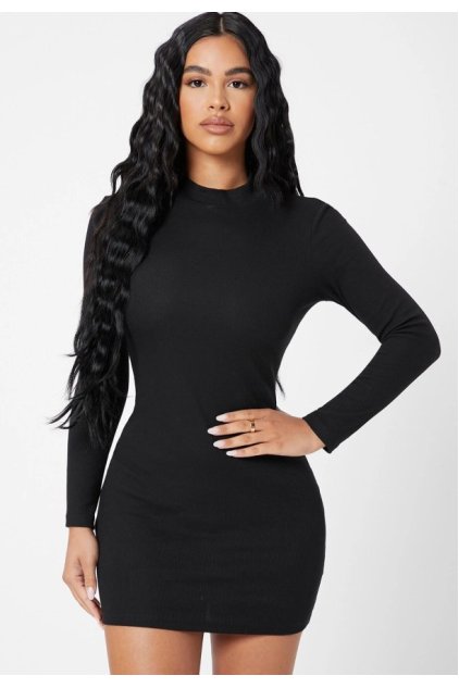 Kadın Siyah Kaşkorse Balıkçı Yaka Uzun Kollu Bodycon Mini Elbise