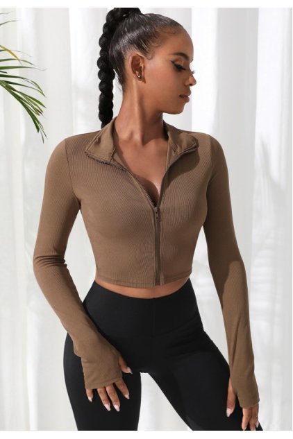 Kadın Kahverengi Uzun Kol Fermuarlı Parmak Geçme Detaylı Dik Yaka Crop Top Bluz