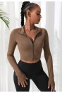 Kadın Kahverengi Uzun Kol Fermuarlı Parmak Geçme Detaylı Dik Yaka Crop Top Bluz